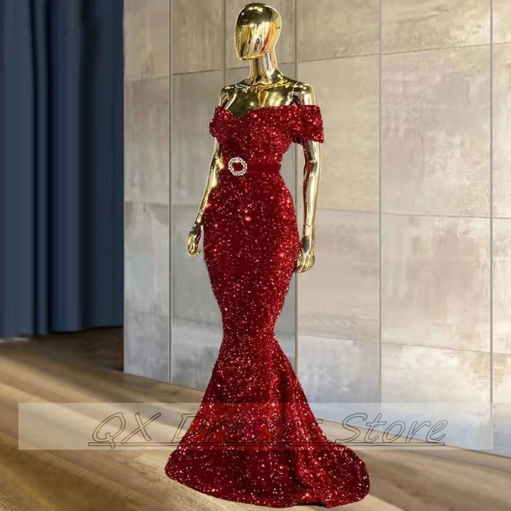 Robe de Bal de Forme Sirène à Paillettes Rouges Personnalisées, Col en V, Ceinture de Soirée Élégante, pour Femme