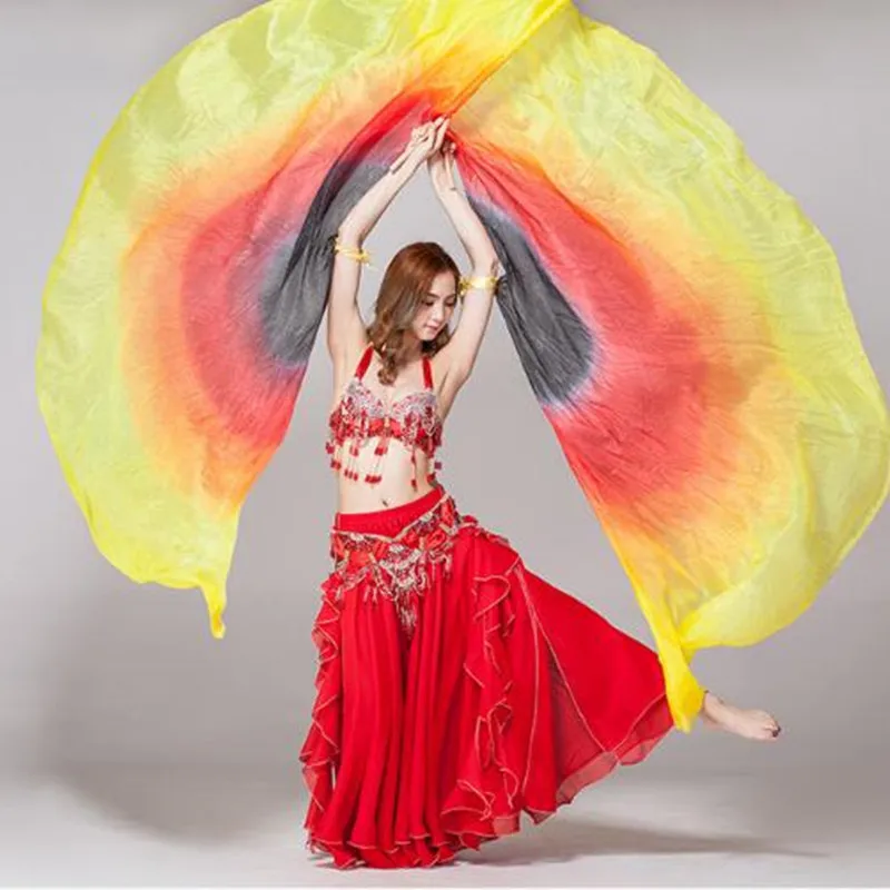 100% Silk Oriental Dance Silk Veils Pair Isis Wings With Stick No Stick Stage Performance Props Tie Dye Half Circle Photography