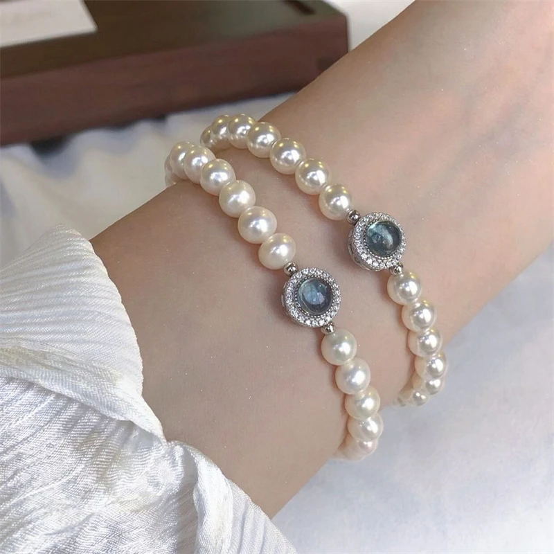 Elegant Aquamarine Gemstone Zircon Pearl Bracelets for Women Round Silver Color Rhinestone Pearl Bracelets Wedding Jewelry Gift