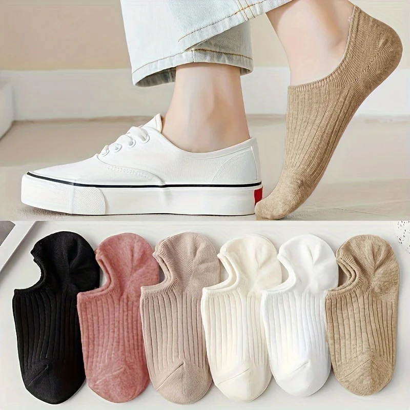 6 Pairs of New Fashionable Women's Summer Solid Color Striped Knitted Short Socks Multifunctional Four Season Women's Boat Socks