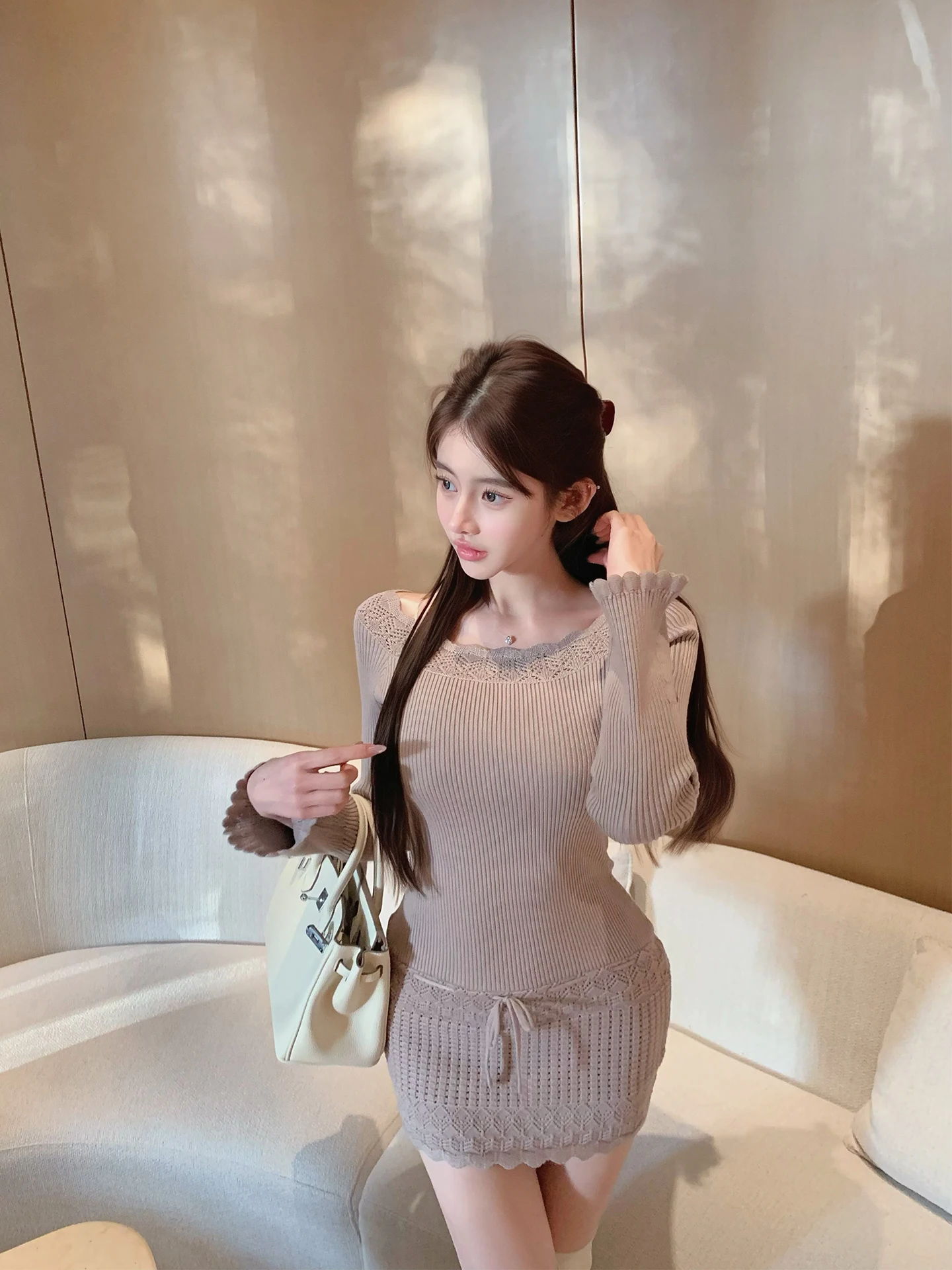 

AkiQiu Autumn Milk Cr Knitted One oulder Dr Hollow out Wealthy Princ Sle Wrap around Skirt Long Sve Casual Wear