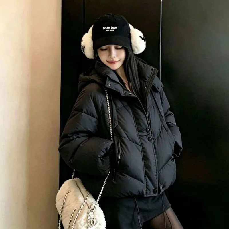 Women Short Puffer Jacket Hood Drawstring Warm Thick Winter Coat 2026 Loose Bubble Parka Windproof Outerwear Ladies Daily Wear