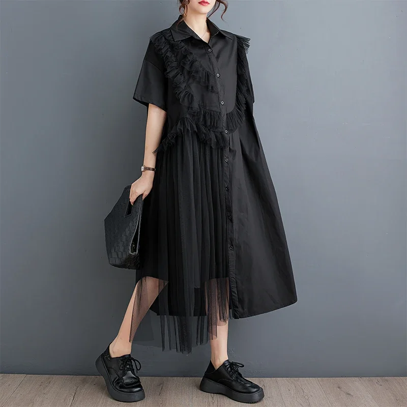 

Summer Black Irregular Midi Shirt Dress for Women Turn-down Collar Buttons Spliced Mesh A-line Dress Ladies Loose Fit Streetwear