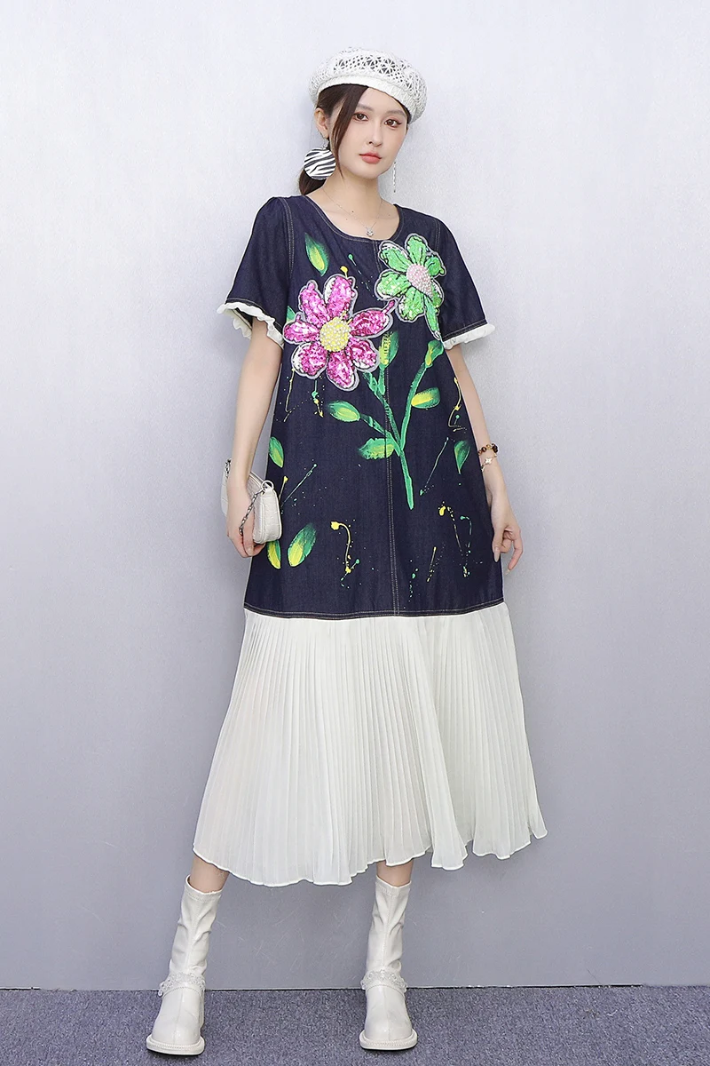 

2025 Summer New Elegant Women Loose Embroidered T-shirts Long Dresses Ladies Short Sleeve Fashion Dress Wholesale J1222