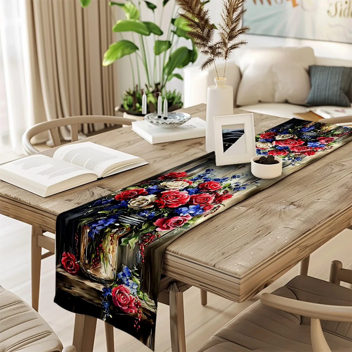 print table runner Rose and Delphinium Watercolor Painting Impressionistic Style Table Flag for Kitchen, Dining Room, Outdoor Ga