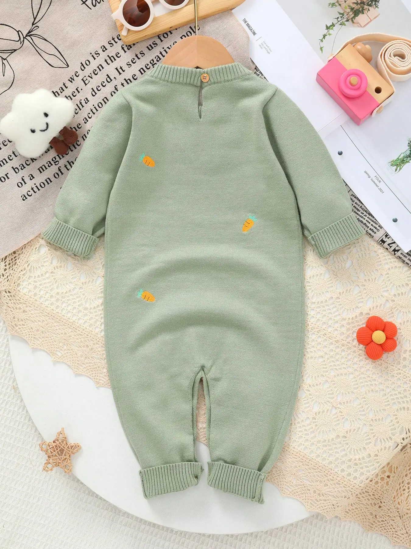 Light Green Knitted Jumpsuit for Boys and Girls with Cute Little Bunny Nibbling Carrot Hand-Embroidered Design, Autumn Cute Baby Outfit