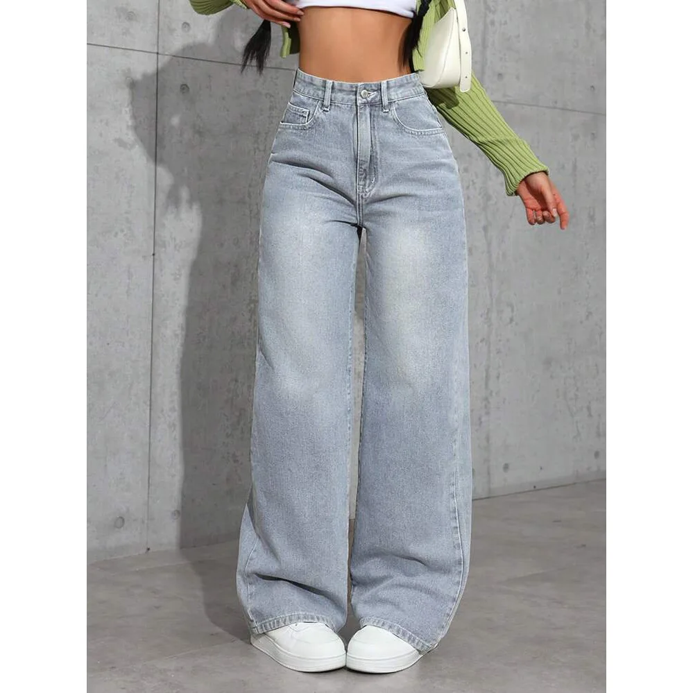 

Denim Wide Leg Pants Women Jeans High Waist Straight Trousers Distressed Washed Pockets 2025 Loose Floor Length Streetwear