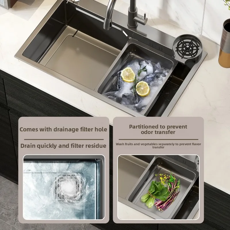

Black Nano 304 Stainless Steel Kitchen Sink Single Bowl Large Basin Countertop Undermount Dishwashing Station Kitchen Sink