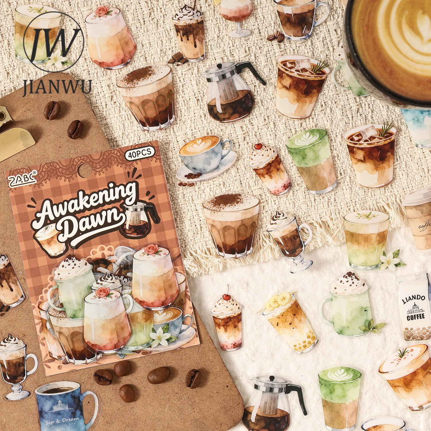 

JIANWU Drink The Light Series Vintage Coffee Drinking Landscape Material Collage PET Sticker Creative DIY Journal Stationery