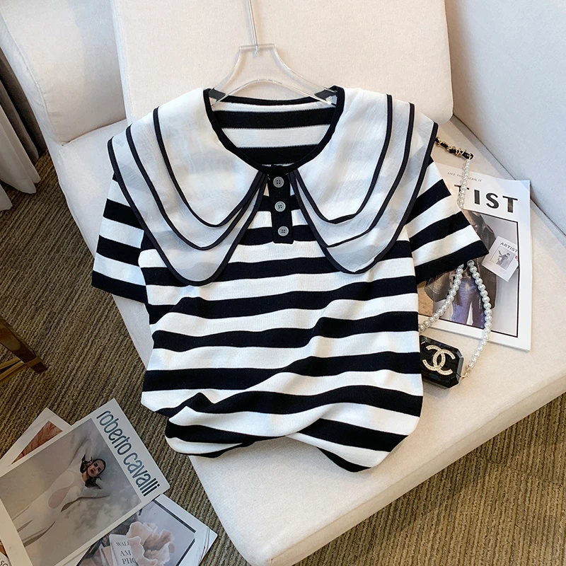 Doll Collar Striped Knitted T-Shirt Women Summer Lace Stitching Elastic Loose Short Sleeve Knitwear Tops Thin Ice Silk Sweater