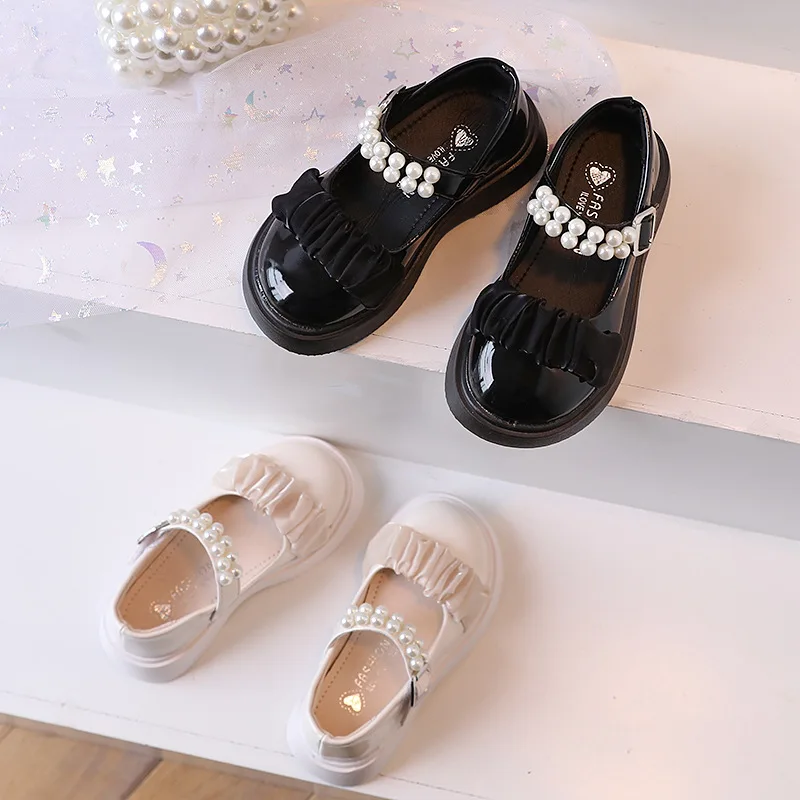 

New Kids Shoes Children Princess Shoes Baby Girls Beige Leather Shoes Toddler Fashion Flats Soft Sweet Shoes Party Mary Jane