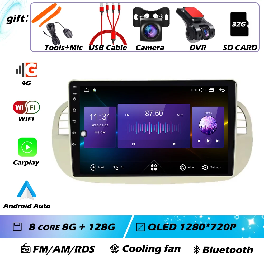 9 ''Android 16 Autoradio Stereo voor Fiat 500 2007-2015 met GPS Navigatie Stuurbediening Multimedia Carplay auto WIFI