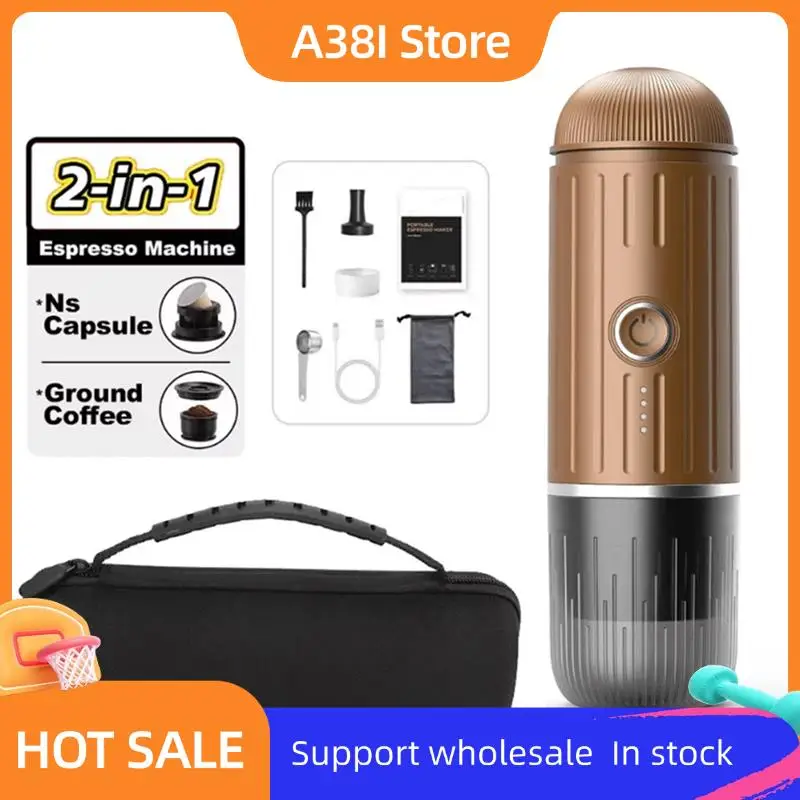 

A38I 2 In 1 Electric Travel Espresso Portable Coffee Machine Compatible With Ground Coffee Small Large Capsules Brown