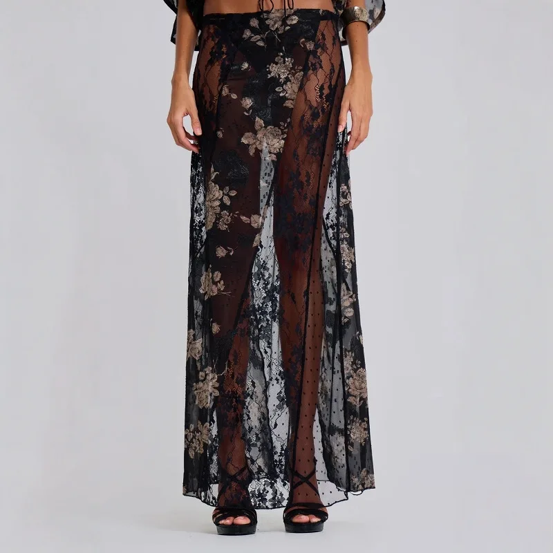 

Jaded London Black Floral Patchwork Mesh Skirt Lace See Through Sexy y2k Spice Girl Style Halter Dress
