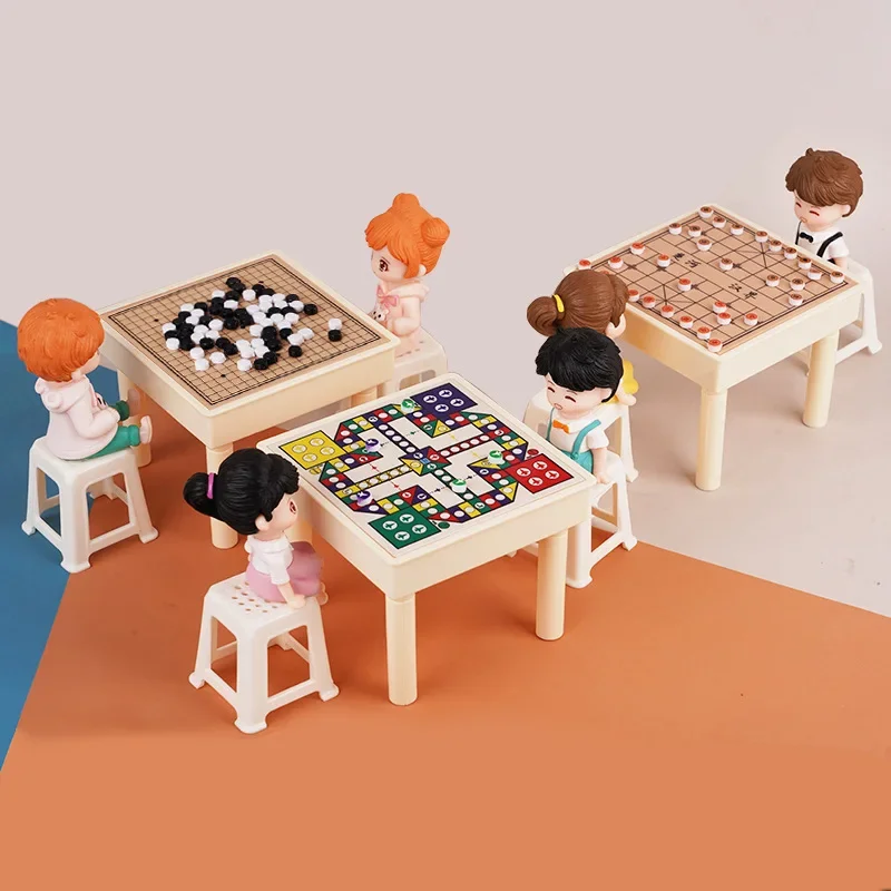 

Miniature Chess Set Mini Table with Chair Flying Chess Ludo Board Game Go Game Model Dollhouse Accessories Decor