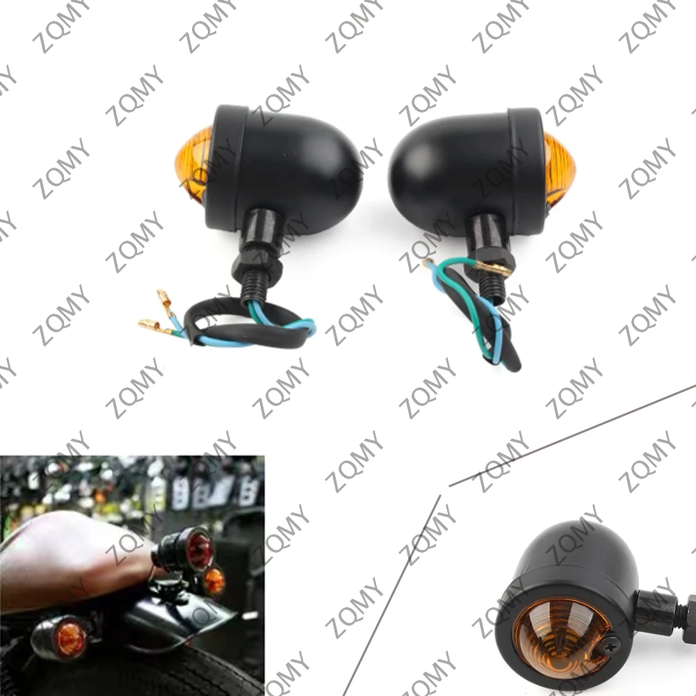 1Pair Black Motorcycle Turn Signal Lights Amber Indicator Light For Harley Cafe Racer Bobber Chopper