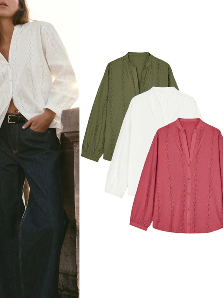 

Весенняя новинка: Свободная женская рубашка с длинным рукавом, вышивкой и ажурным дизайном, из смесового хлопка и полиэстера, с V-образным вырезом и застежкой на пуговицах