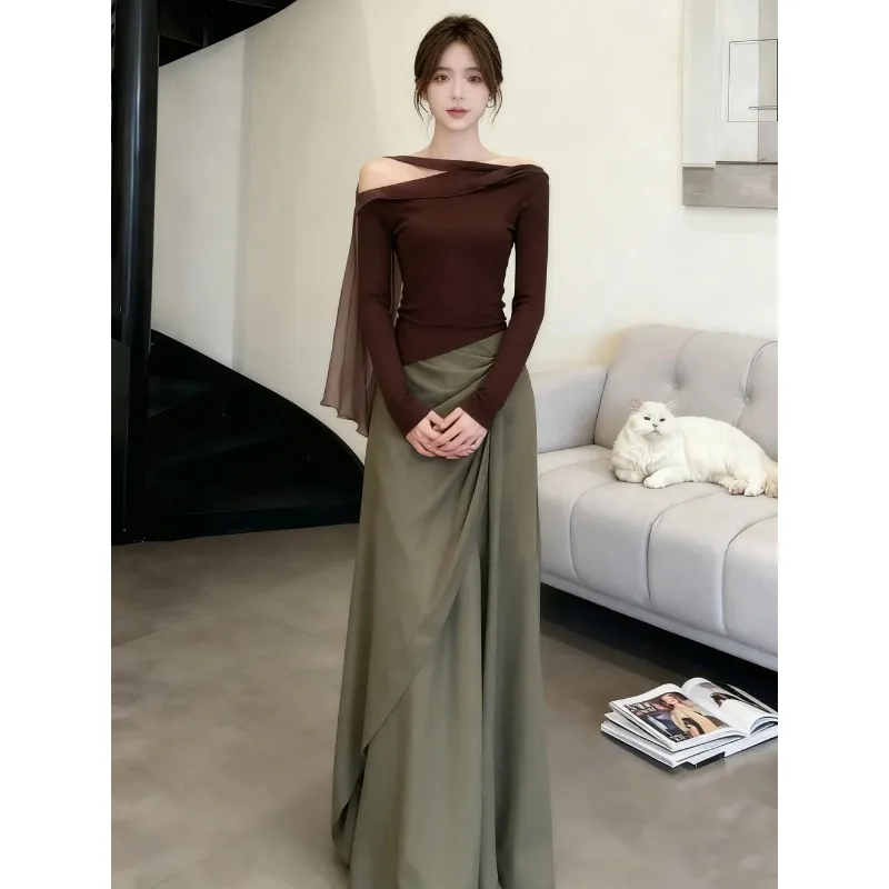 Korean Style One-shoulder Mesh Splicing Top Long-sleeved Autumn Winter Suit Skirt Splicing Sweet Cool Two-piece Set for Women