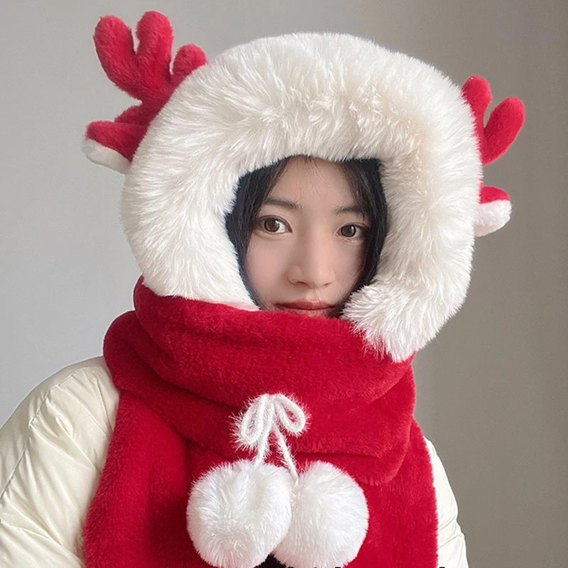 

Christmas Gift Women Small Antlers Imitation Rabbit Fur Big Fur Collar Three-Piece Winter Girls Warm Lei Feng Hat Hat Scarf One