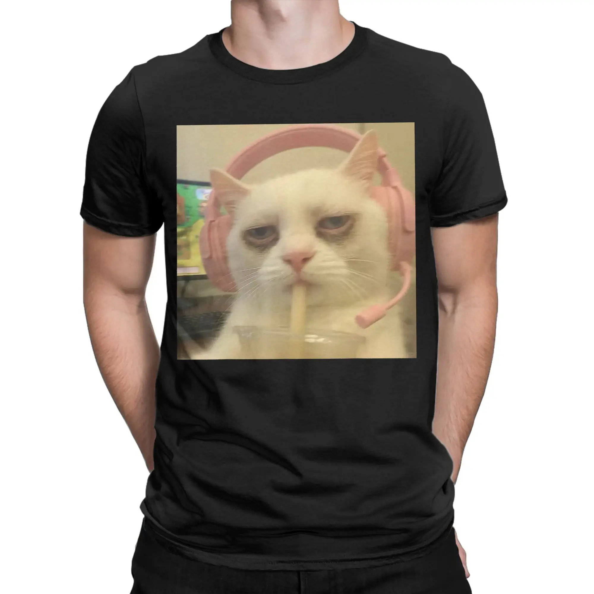 Oversized T-Shirt Summer Funny Cat Meme Cute Headphones Cat Gaming Cat Gamer Tee Shirt for Men Wholesale Short Sleeve Top Tees