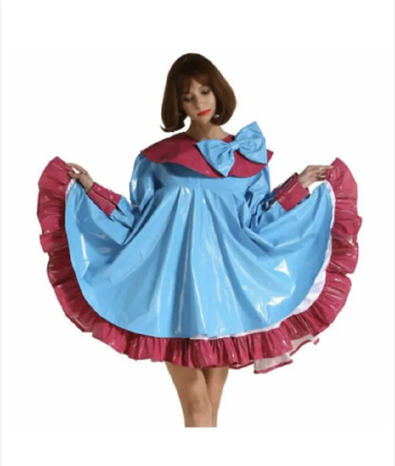 

Sexy Sissy French maid blue PVC oversized bow lockable ruffle edge dress cosplay costume customizable