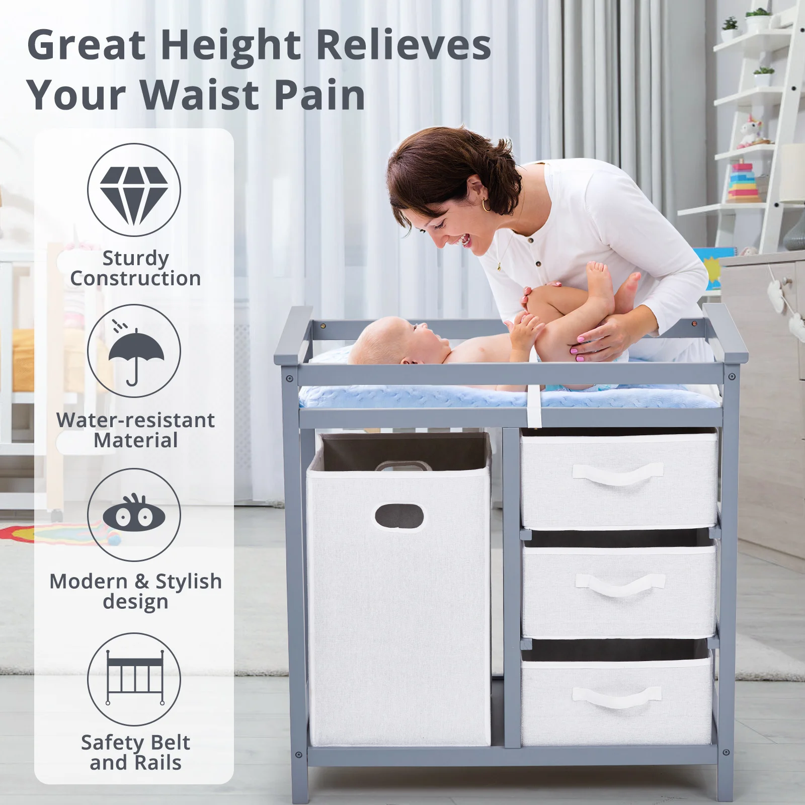 طاولة تغيير حفاضات الأطفال الخشبية، طاولة تغيير الحفاضات، خزانة محطة تغيير حفاضات الرضع مع سلة الغسيل، وسادة تغيير الحفاضات #3
