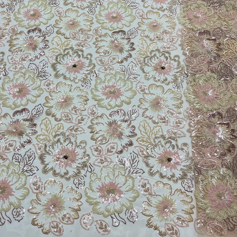 French luxurious lace mesh fabric, high-quality African sequined lotus leaf sequined dress, embroidered lace trim fabric