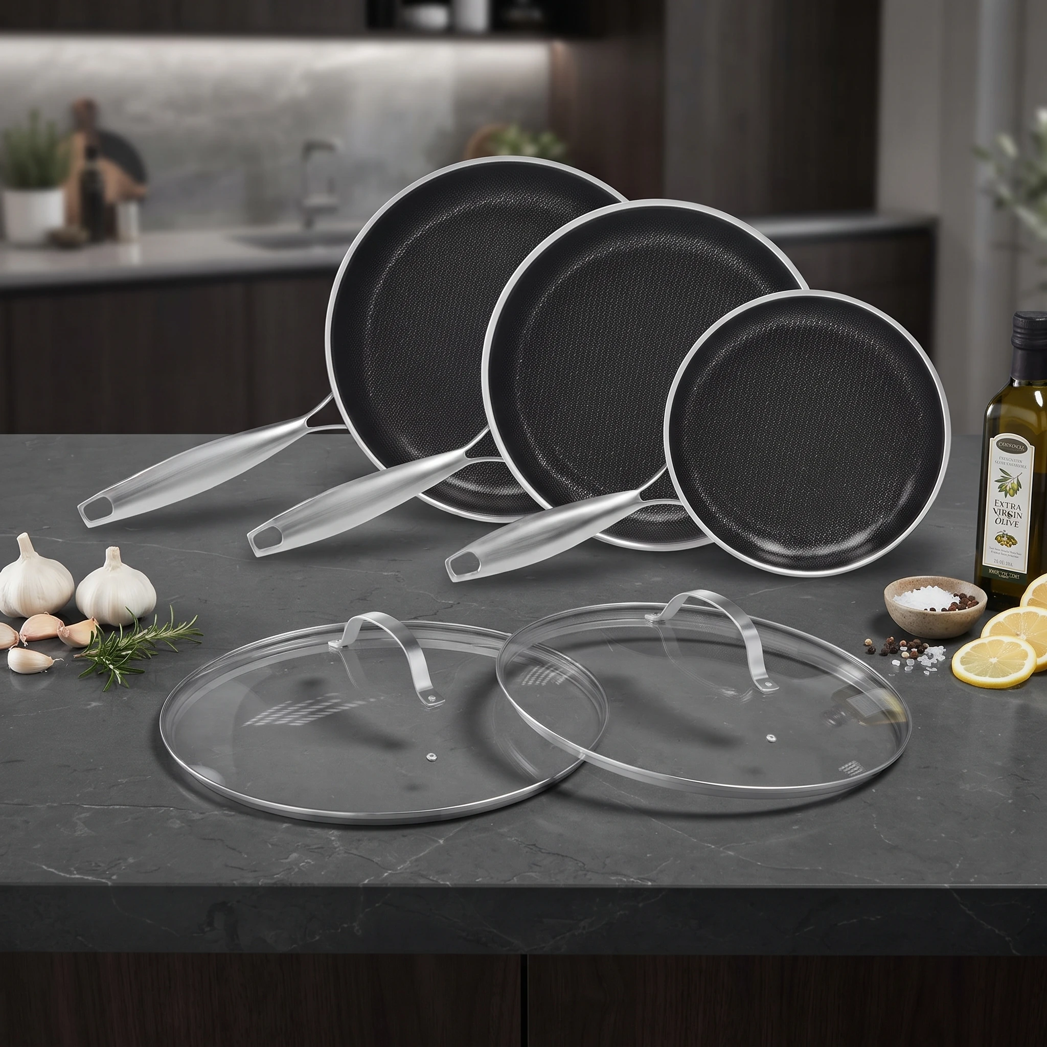 Stainless Steel Frying Pan Set with Lids 3 Piece Nonstick Skillet 8 10 11 Inch Tri Ply Clad Induction Compatible Oven Safe Dishwasher Safe PFOA Free Cooking Pans for All Stovetops Kitchen Cookware Sets