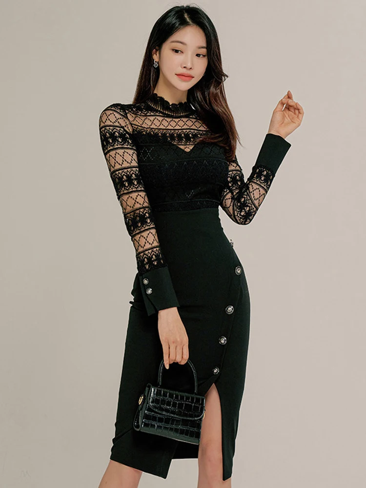 Vintage Elegant Formal Fake 2 Piece Dress for Women Retro Sexy Sheer Lace Single Breasted Slit Robe Work Party Mujer Vestidos