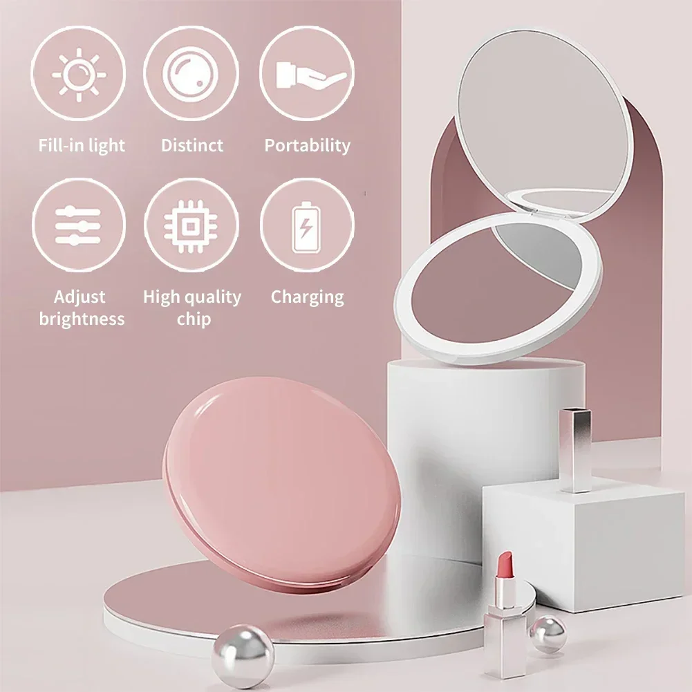 Mini LED Light Cosmetic 2 Side Folding Makeup Mirror Pocket Women Luminous Effect Reapplied Makeup Tools