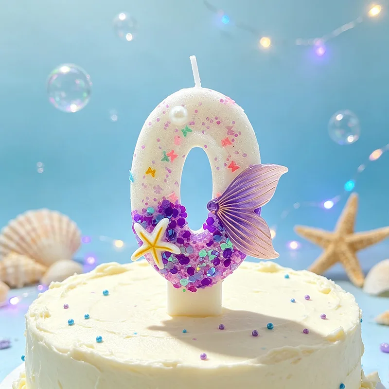 0-9 New Mermaid Tail Digital Candle Purple Sequined Anniversary Candle Birthday Party Cake