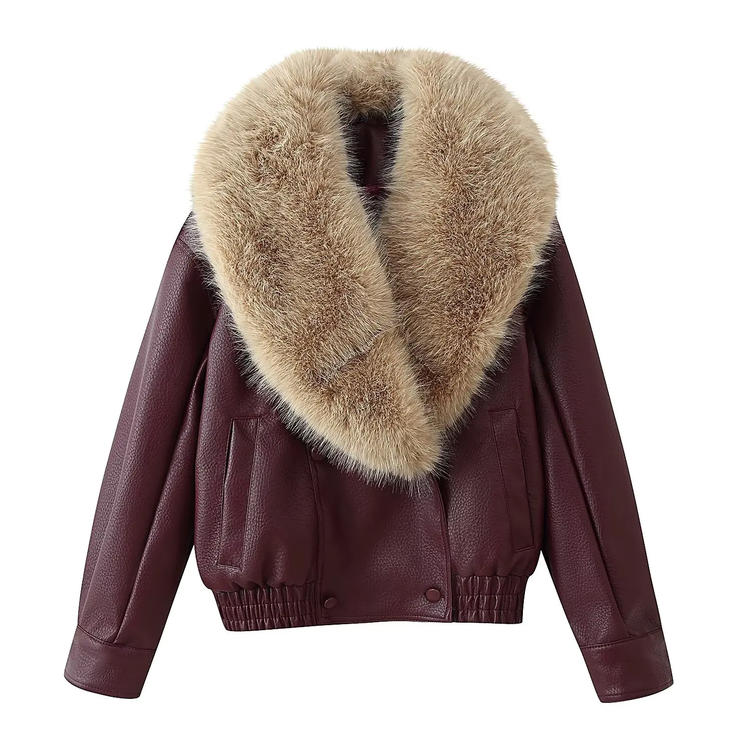 Jaqueta Feminina Solta de Couro Sintético Outono Inverno Nova Moda Feminina Casaco Casual com Gola Grande de Pelo Estilo High Street Transpassado