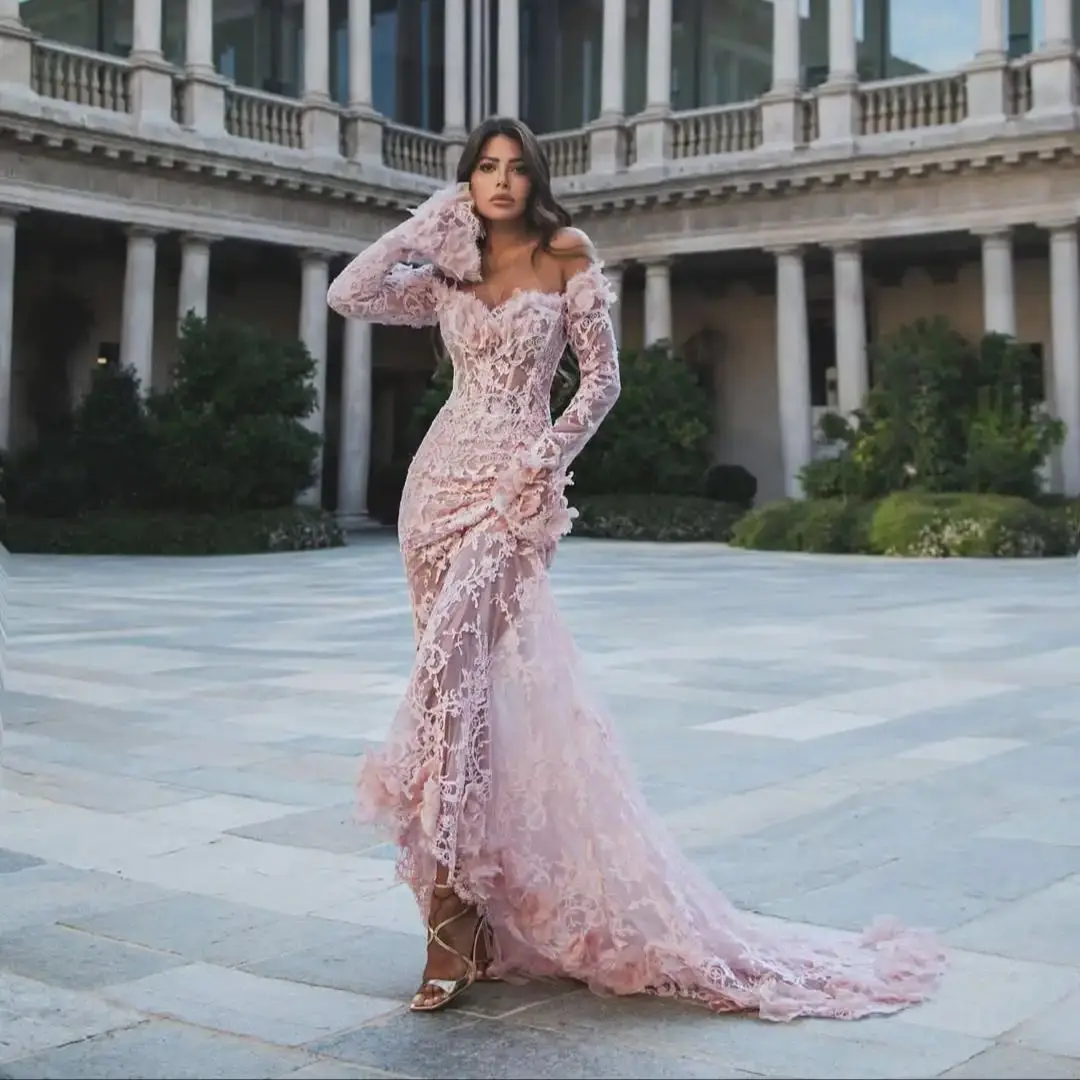

Ofherown Blush Pink Off Shoulder Lace Mermaid Evening Dress Long Sleeve 3D Flower Appliques Formal Prom Gown Wedding Party Dress