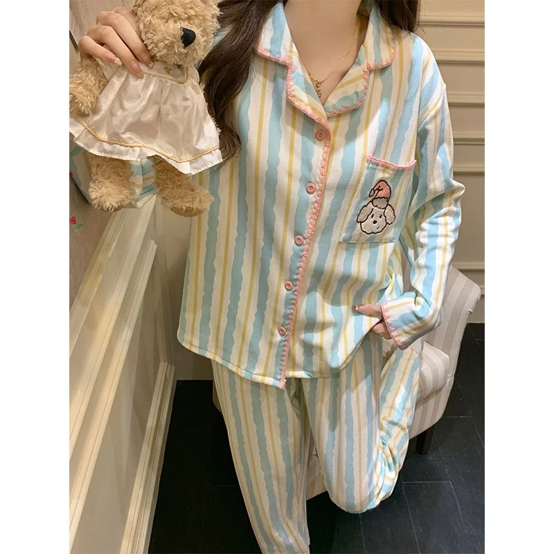 

Thickened Long Sleeve Sleepwear for Women Autumn Winter Cute Stripe Little Dog Design Home Leisure Clothes Green Color