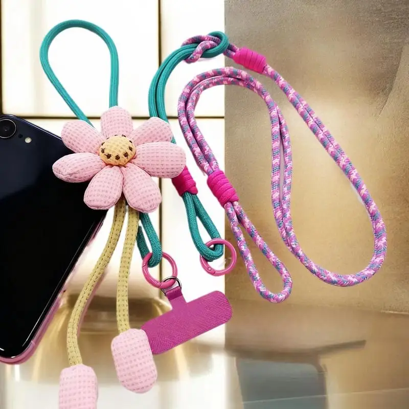 1PC Polyester Phone Lanyard Cartoon Flower Pendant Crossbody Wrist Strap Anti-Drop Universal Rope Keychain Accessories view 6