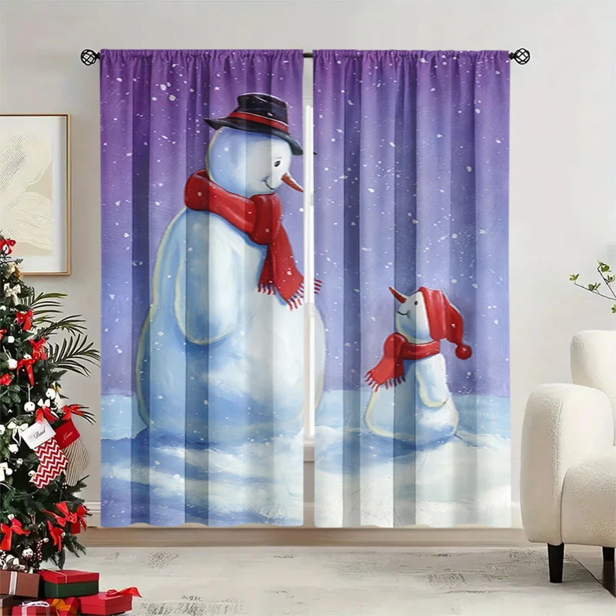 2PCS Christmas Winter Curtains, Snowman Father Son Hat Scarf Purple Snow, Digital Print, Bedroom Living Room, Home Decor