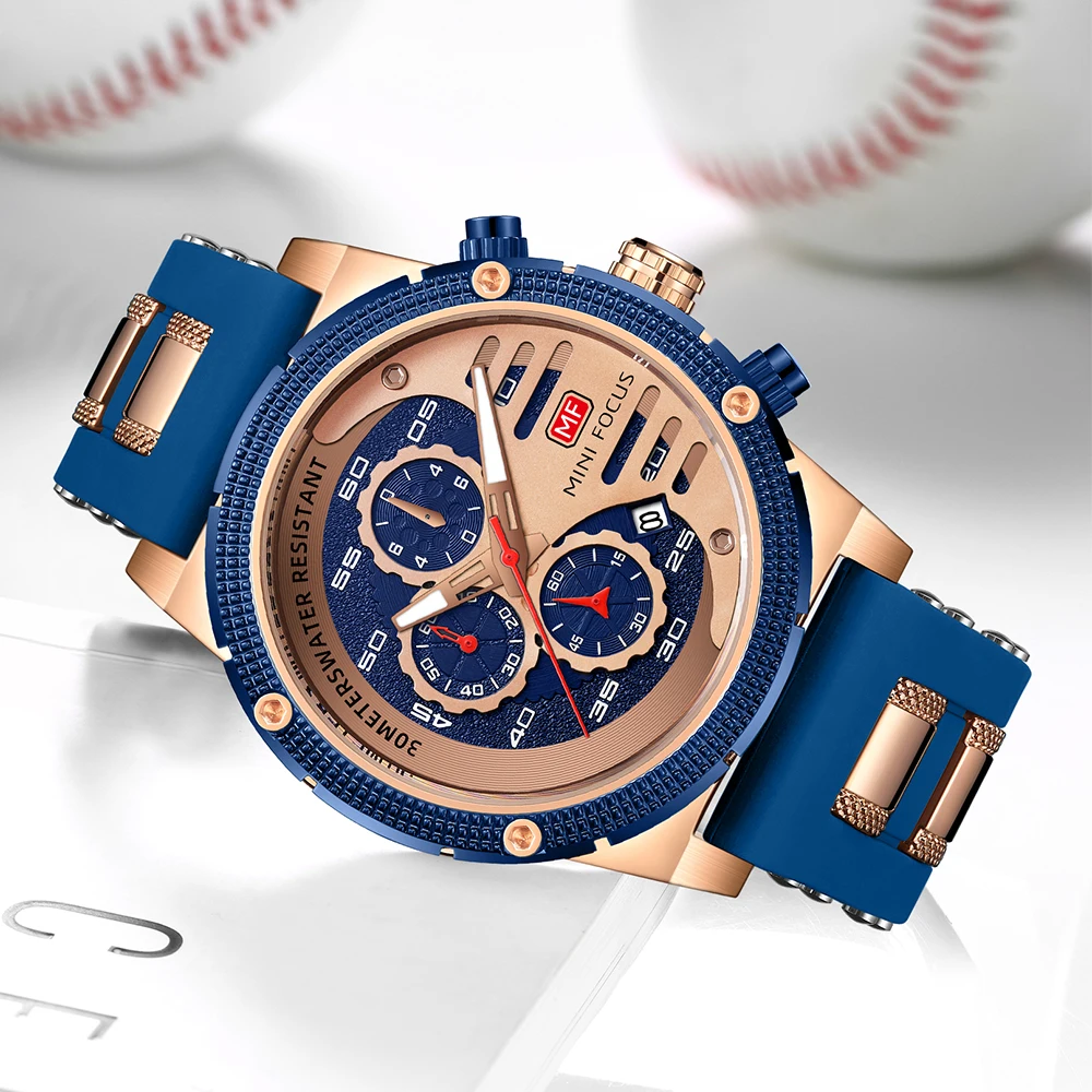MINI FOCUS Multifunctional Luxury Fashion Quartz Wristwatches for Men Warrior Blue Strap Waterproof Chronograph reloj hombre