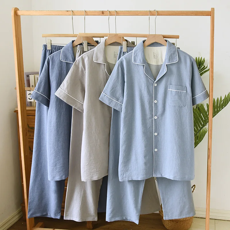 

Cotton Simple Style Men's Homewear Set Short Sleeve Long Pants Round Neck Casual Loose Breathable Pajamas Clothes