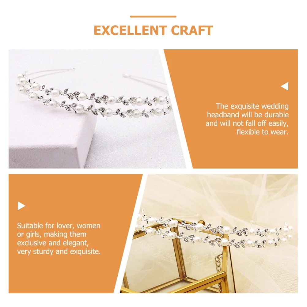 

Pearl Headband Double Layer Rhinestone Leaf Bridal Wedding Hair Accessories Elegant Sturdy Comfortable Pearl Headband