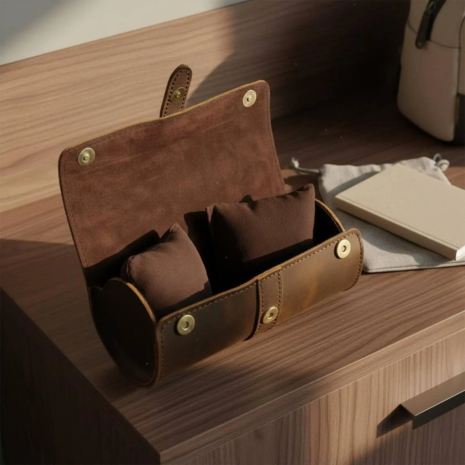 Crazy Horse Leather Watch Travel Roll 2 Slot Cowhide Storage for Timepieces and Bracelets Secure Closure