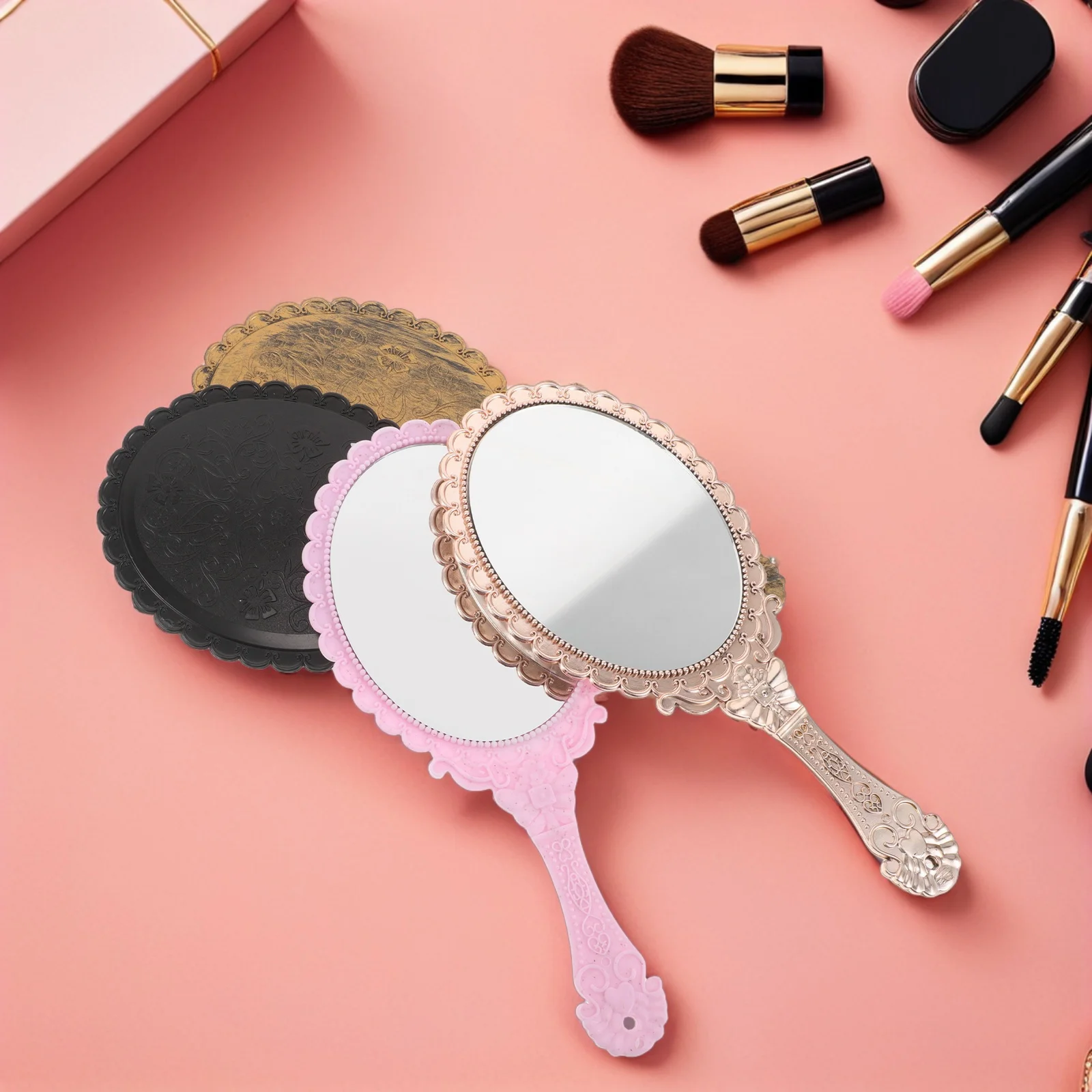 

4Pcs Vintage Handheld Mirror Floral Handle Compact Portable Travel Makeup Mirror Purse Vanity Accessories Travel Mirrors