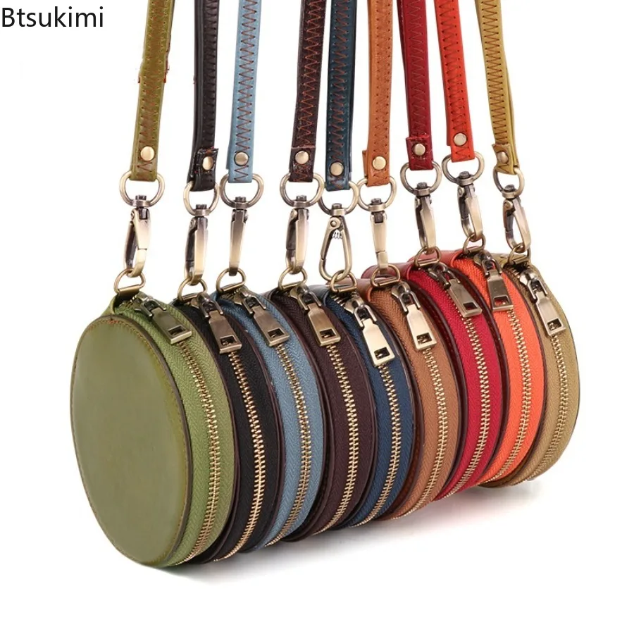 Retro Cowhide Round Coin Purse Genuine Leather Mini Wallet Credit Card Holder Money Bag Fashion Unisex Simple Small Clutch Bags