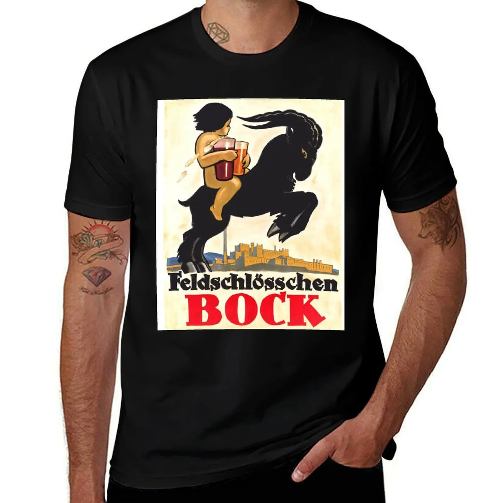 1910 Feldschl?sschen Bock Brewery Beer Advertising Poster T-Shirt Simple Casual Short Sleeve Tee T-Shirt
