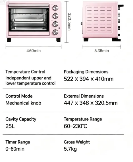 25L Large Capacity Pink Electric Oven, Automatic Multifunctional Home Baking Oven