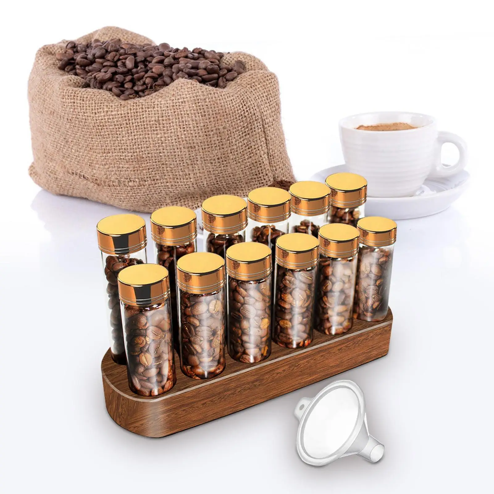 

Coffee Bean Storage Tubes 12 Tubes with Wooden Stand with Funnel Sealed Coffee