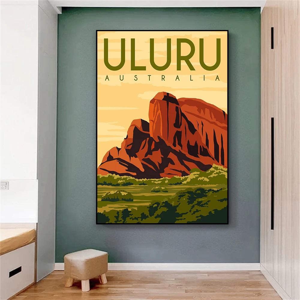 Vintage ULURU Travel Poster Australia Cityscape Wall Art Prints Retro Landscape Office Travel Canvas Painting Reading Room Decor