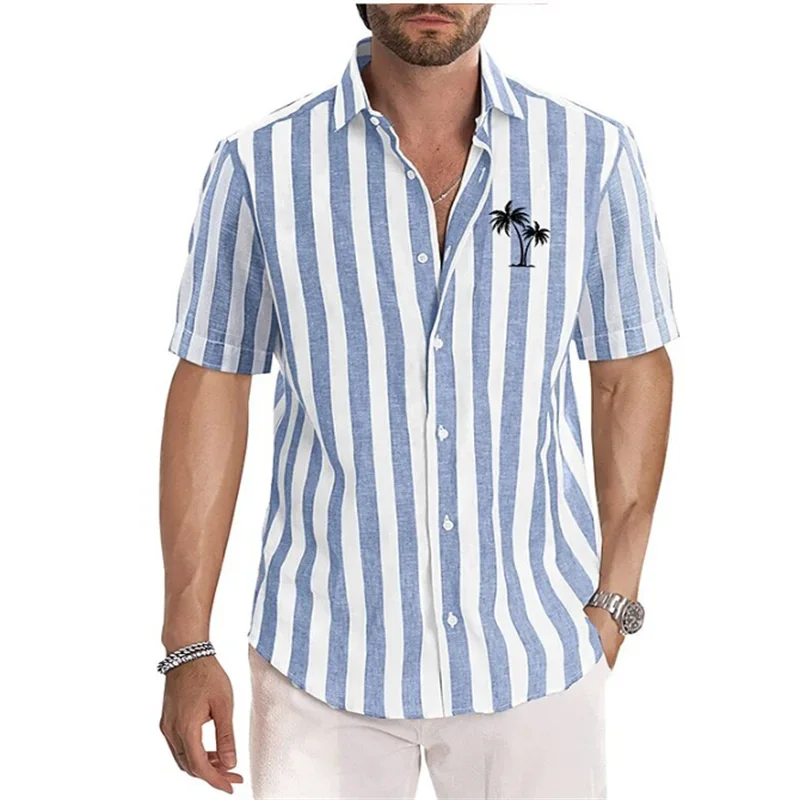 Men's Shirt Coconut Tree Stripe Print Lapel Blue Outdoor Street Short Sleeve Clothing Oversized Fashion Designer Casual Soft