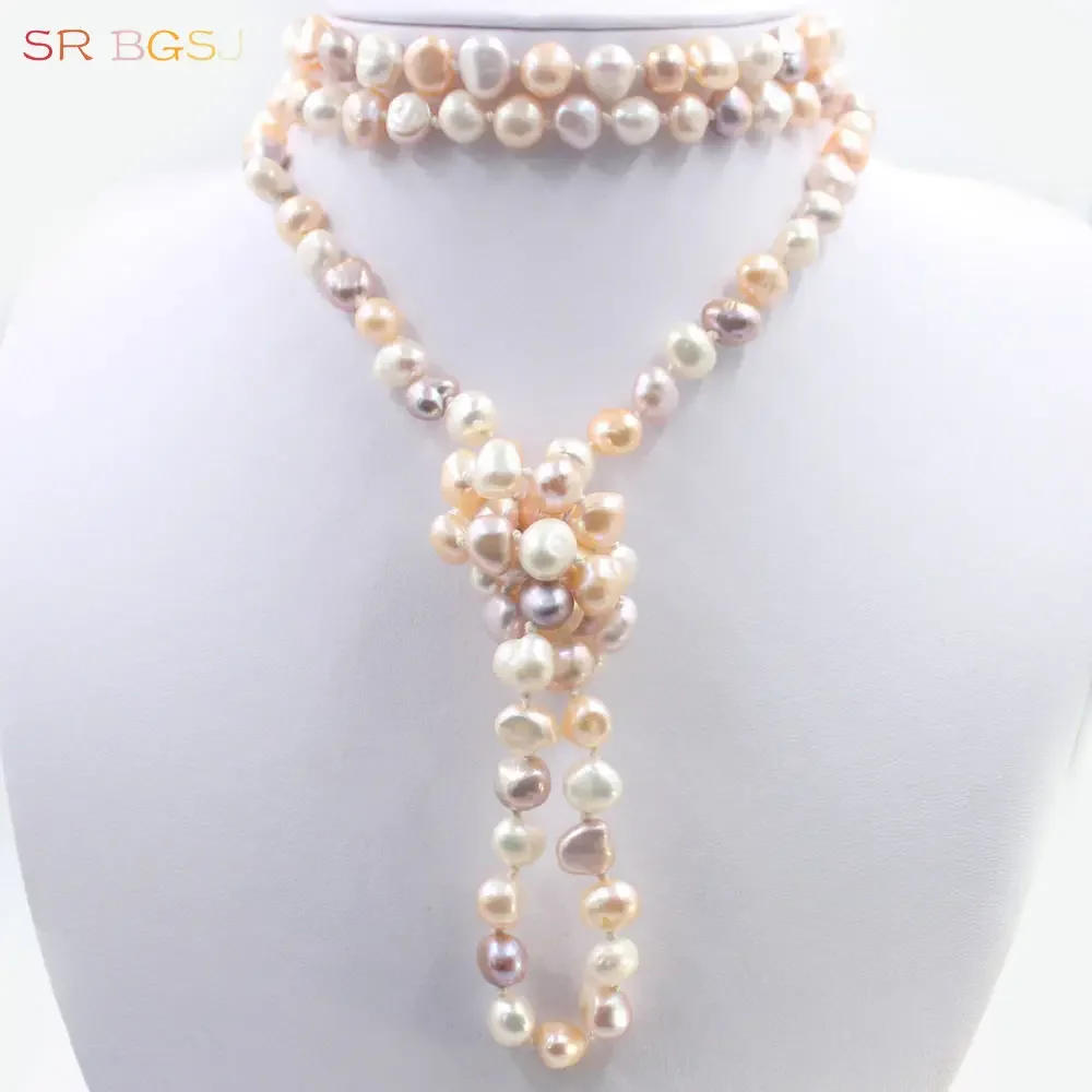 

8x10mm 48inch 64inch 100inch Freshwater Pearl Beads Knot Strand Pendant Jewelry Women Long Necklace 35inch