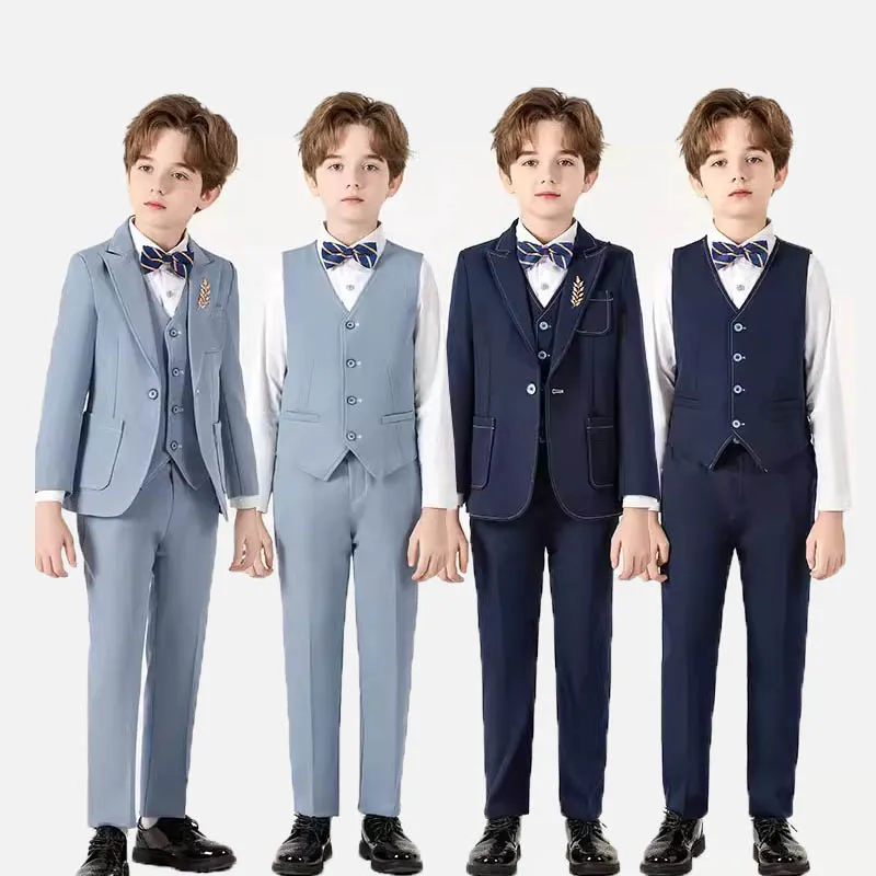 

5Pieces/Set Jacket Vest Pants Bowtie Brooch Gentleman Kids Photograph Suit Children Church Ceremony Dress Boys Birthday Costume