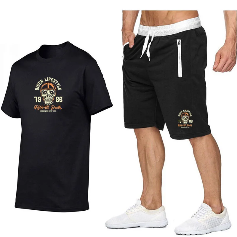 

Crossbones Printed T-shirt Shorts 2 Piece Set Men Cotton Summer Mens Outfits Fashion Y2k Short Sets Fitness Sport Suits Male Set